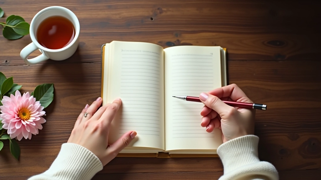 Ruka psající v deníku s horkým čajem a květinou na stole, vyjadřující reflexi a introspekci
