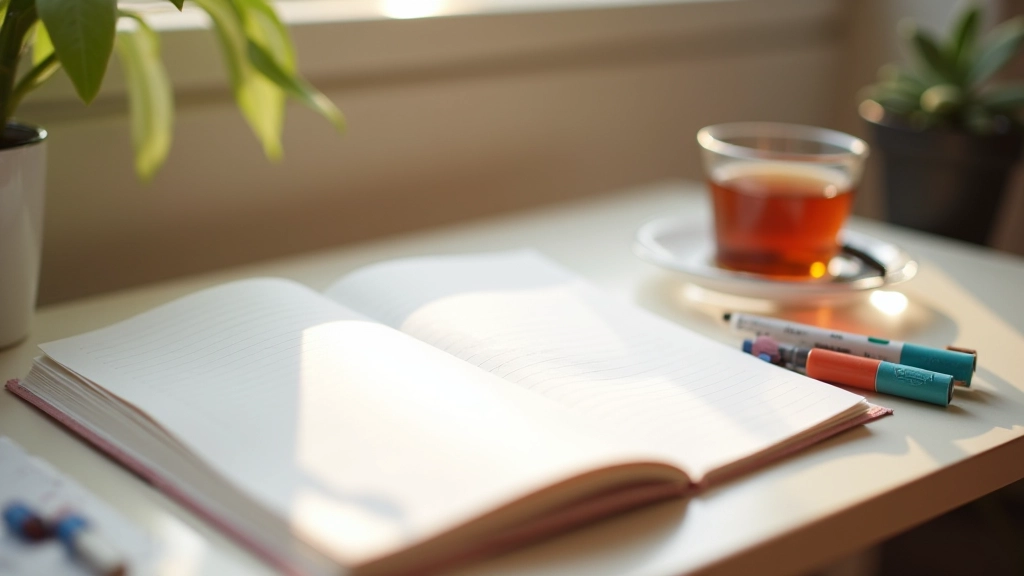 Sešit s poznámkami a farbami na klidném pracovním stole se šálkem čaje