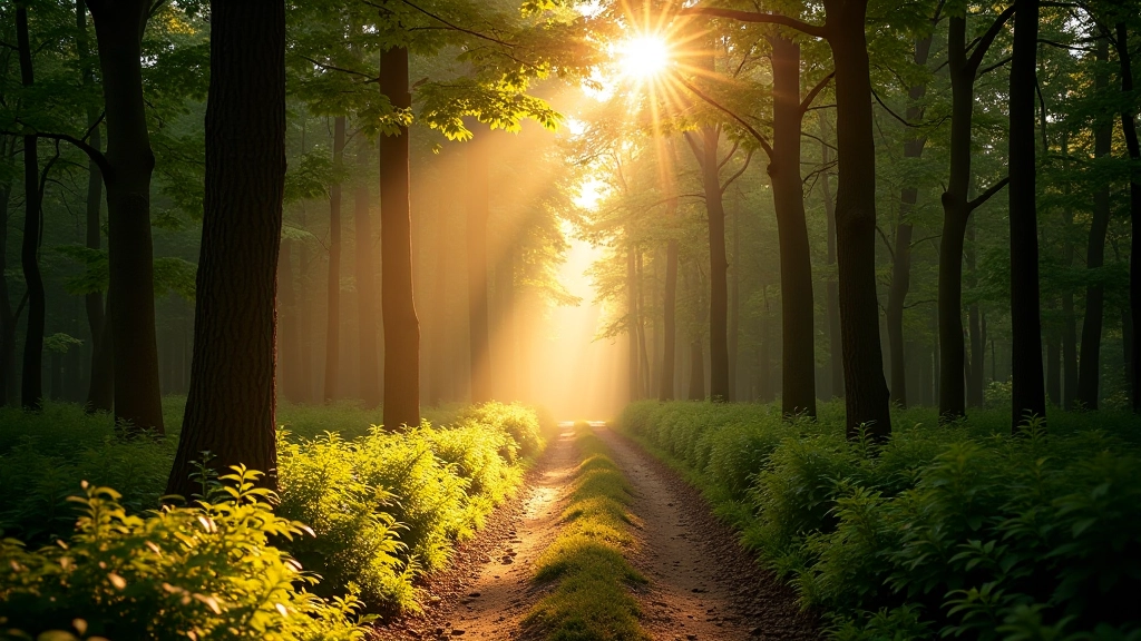 Přírodní krajina s cestou mezi stromy a slunečním světlem procházejícím korunami