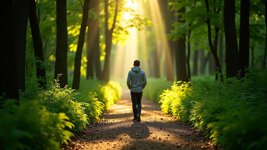 Osoba v přirozeném lese s slunečním svitem, procházka v přírodě, klid a svoboda