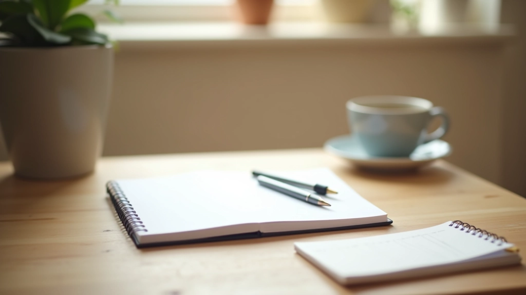 Zápisník s plány a přípravou, péro a kalendář na stole, plánování dne