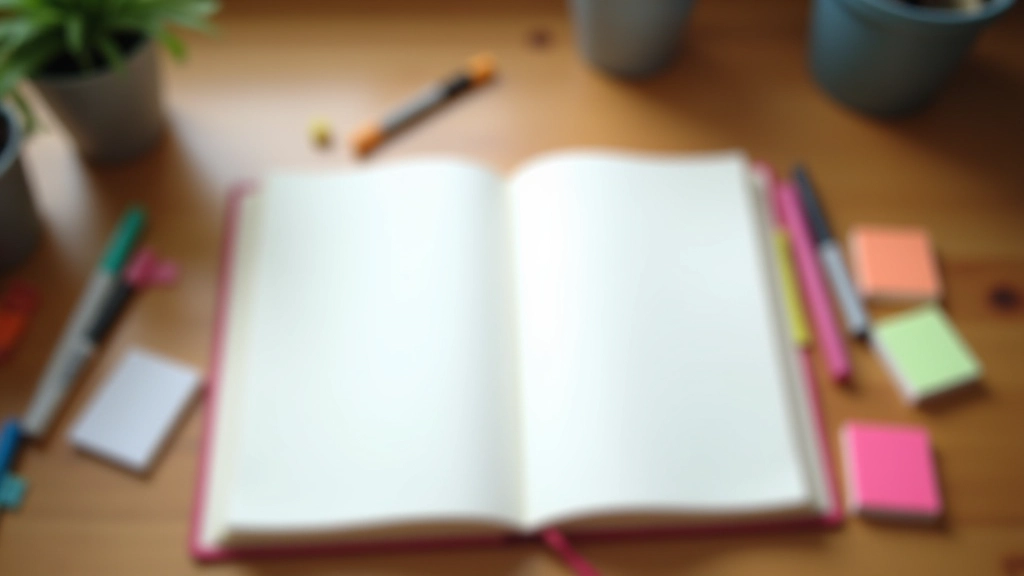 Osobní deník otevřený na prázdné stránce s barevnými fixami a značkami na dřevěném stole