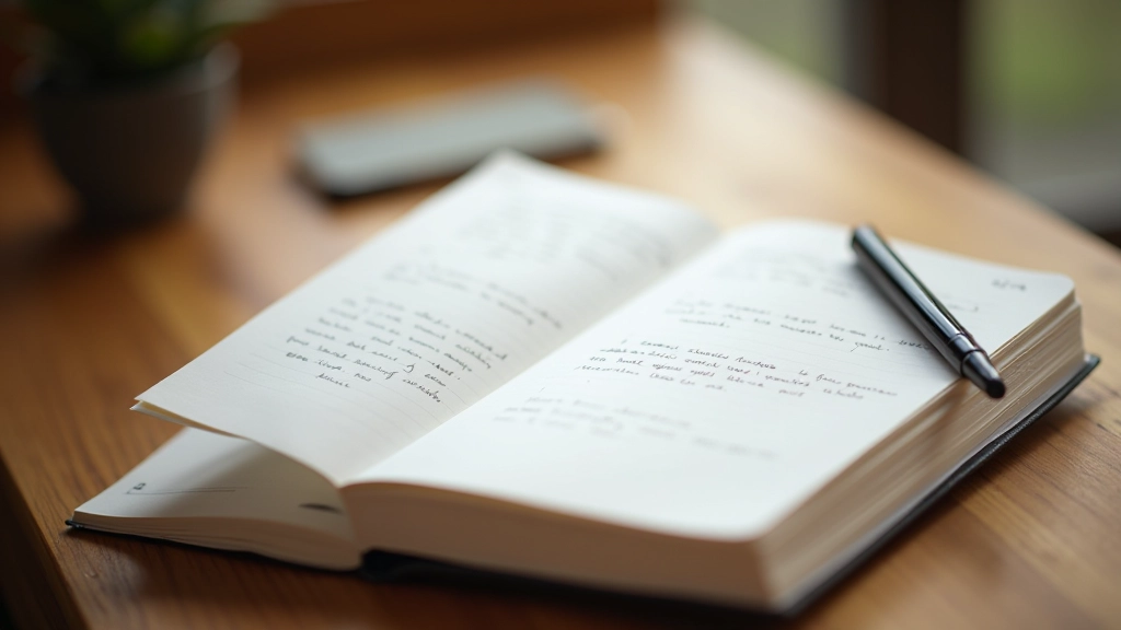 Otevřený deník s psaním a perem na dřevěném stole, osobní poznámky a reflexe