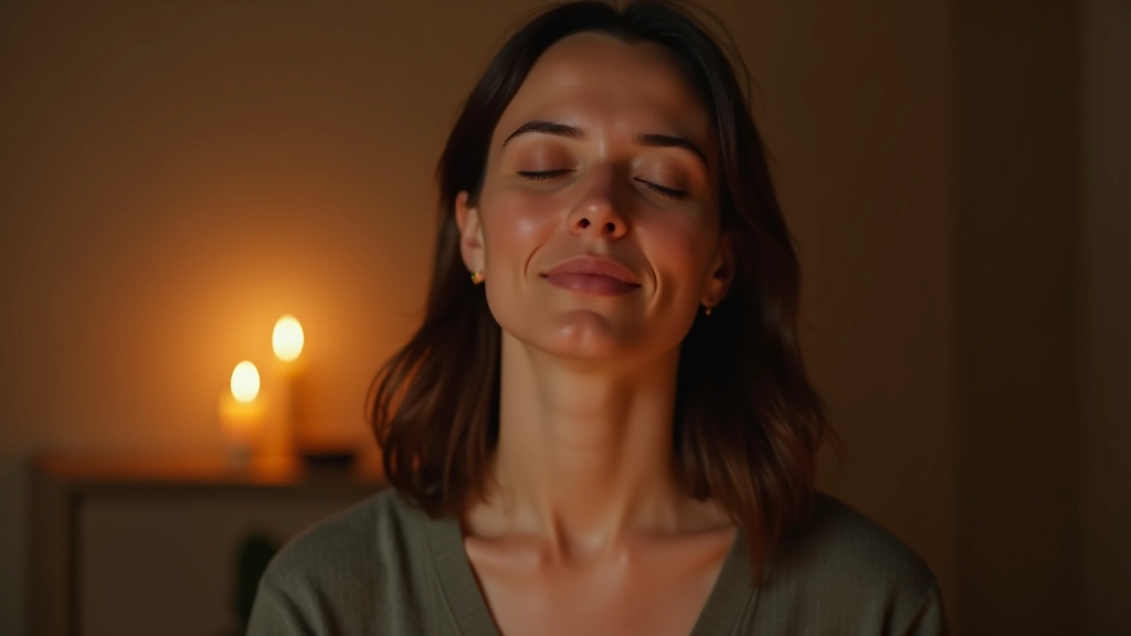 Osoba s zavřenýma očima meditující v tichu, s rozmanitým deníkem a světlem ze svíčky v pozadí