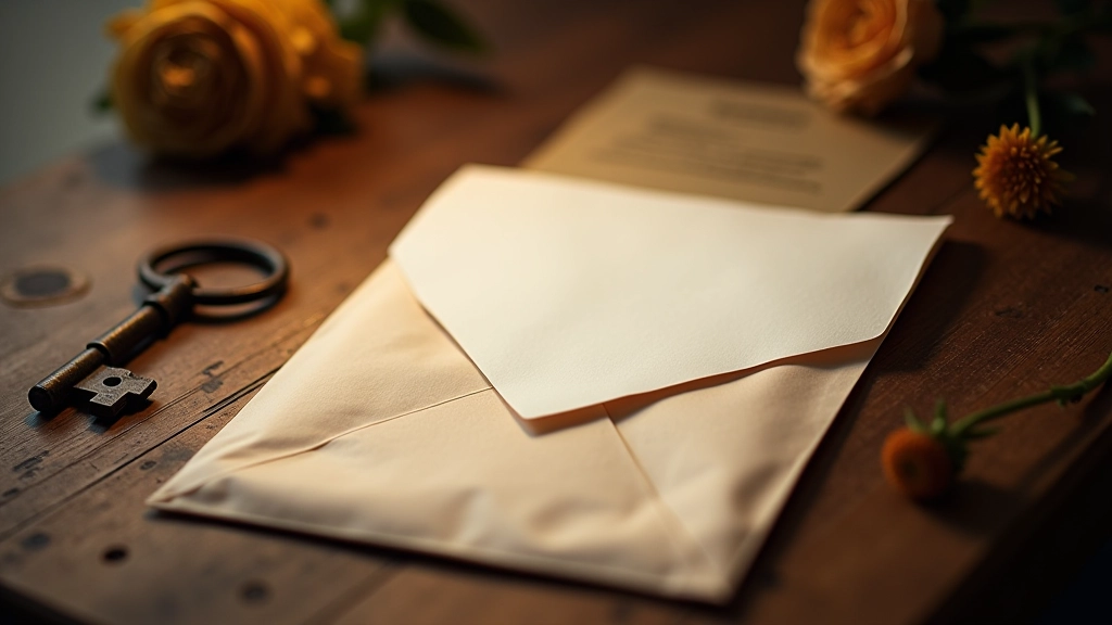 Dopis v obálce položený na starém dřevěném stole s květinou a klíčem, představující minulost a uvolnění