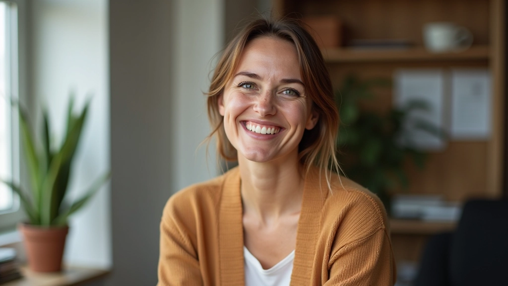 Žena s vřelým úsměvem v profesionálním prostředí, portrét od hrudníku